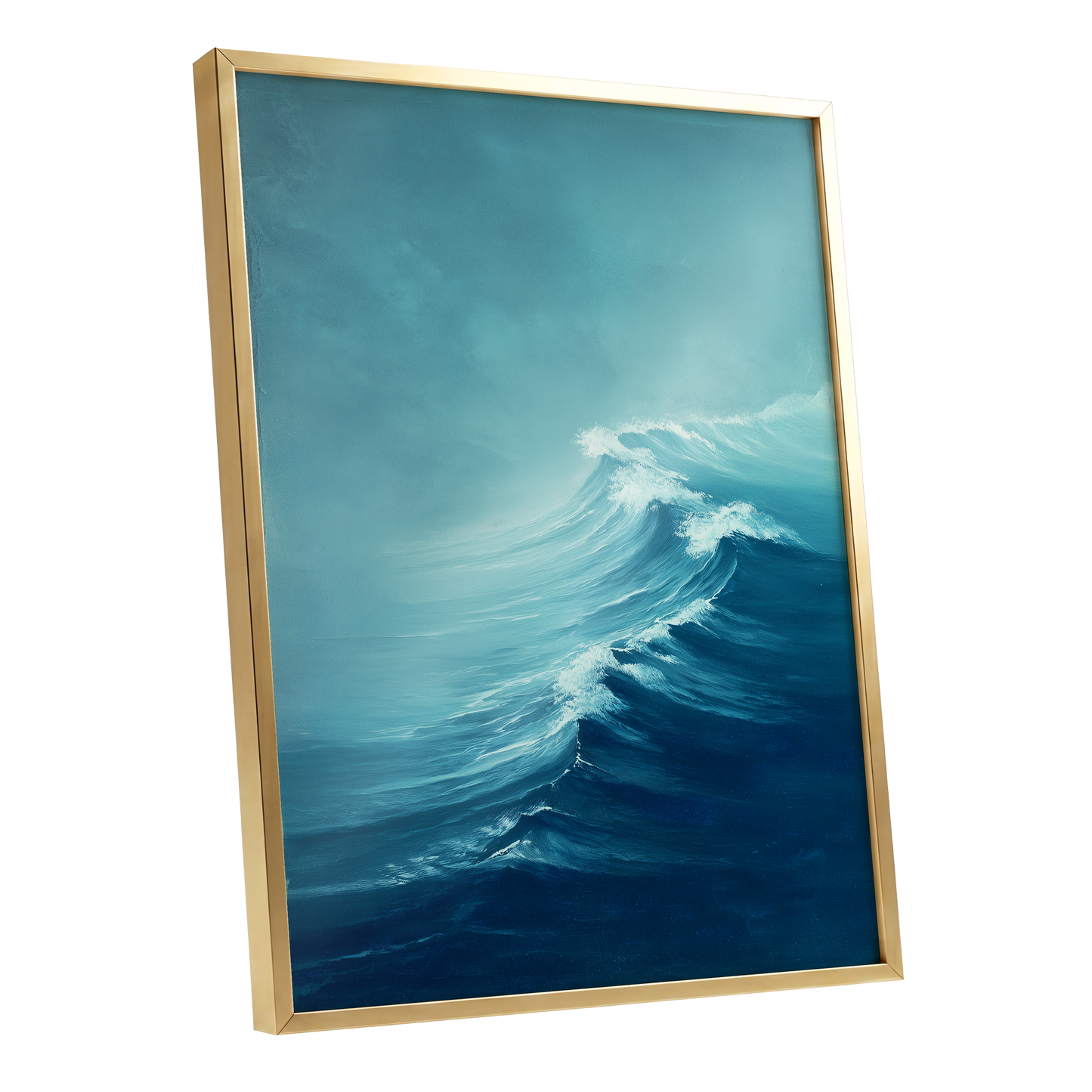Breakers in Blue Mist, blue, white, gray nature wall art shown as a gold framed poster wall art print