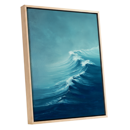 Breakers in Blue Mist, blue, white, gray nature wall art shown as a oak framed canvas wall art