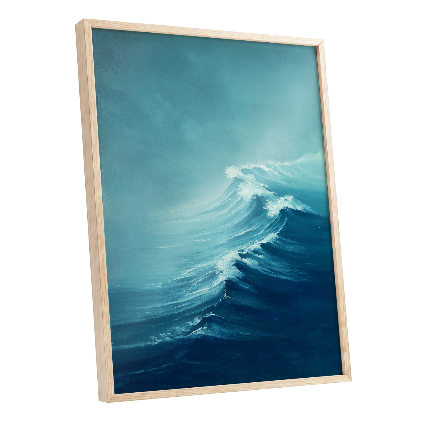 Breakers in Blue Mist, blue, white, gray nature wall art shown as a oak framed poster wall art print