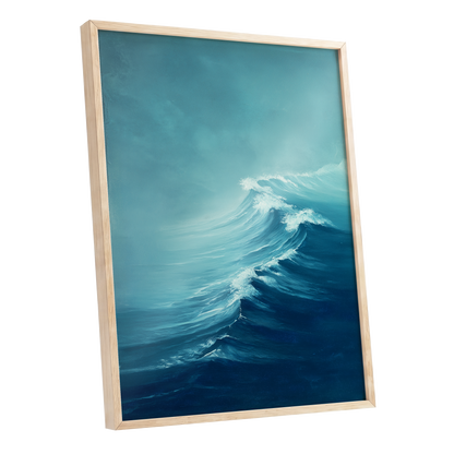 Breakers in Blue Mist, blue, white, gray nature wall art shown as a oak framed poster wall art print