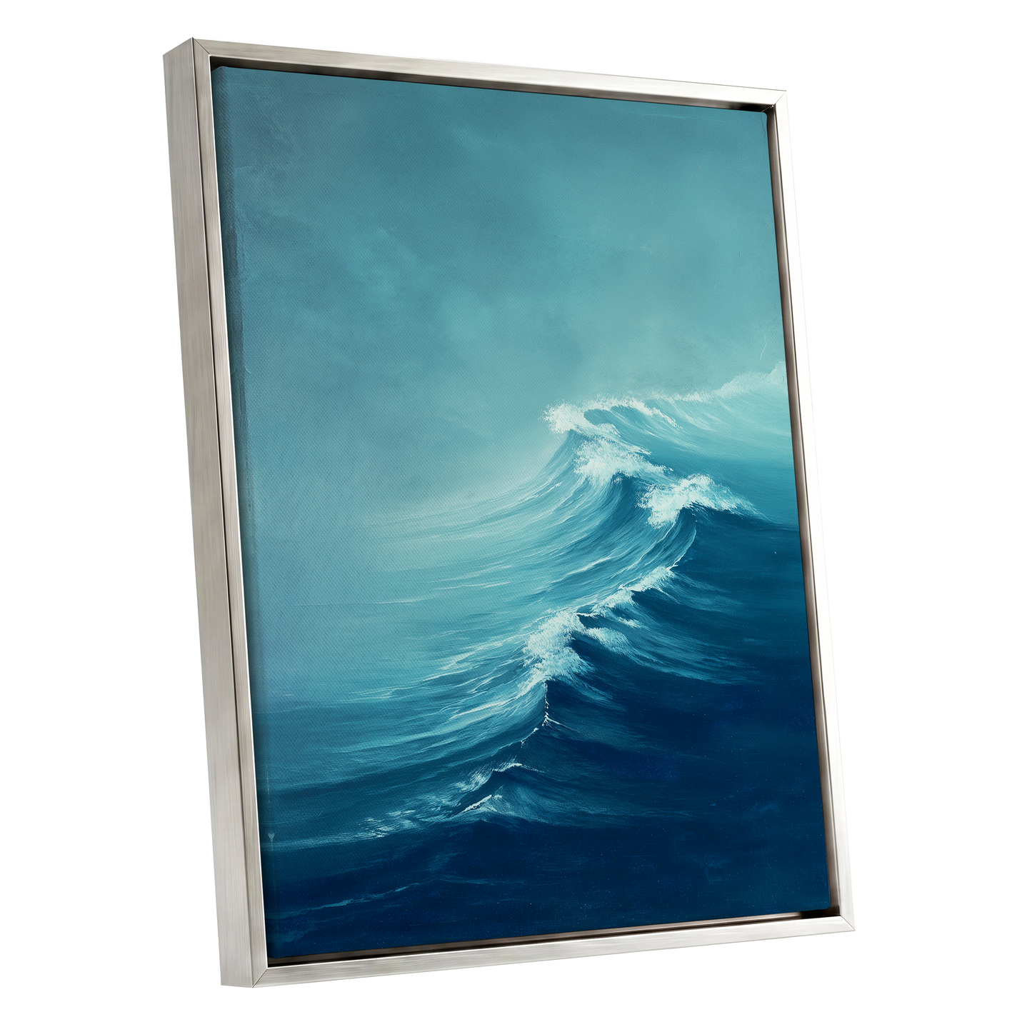 Breakers in Blue Mist, blue, white, gray nature wall art shown as a silver framed canvas wall art