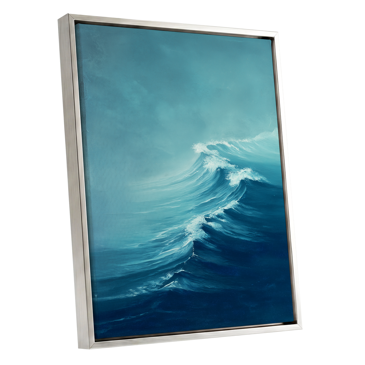 Breakers in Blue Mist, blue, white, gray nature wall art shown as a silver framed canvas wall art