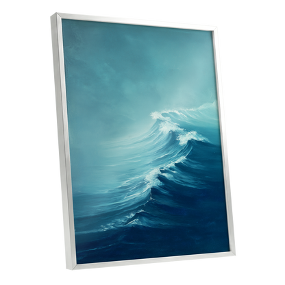 Breakers in Blue Mist, blue, white, gray nature wall art shown as a silver framed poster wall art print