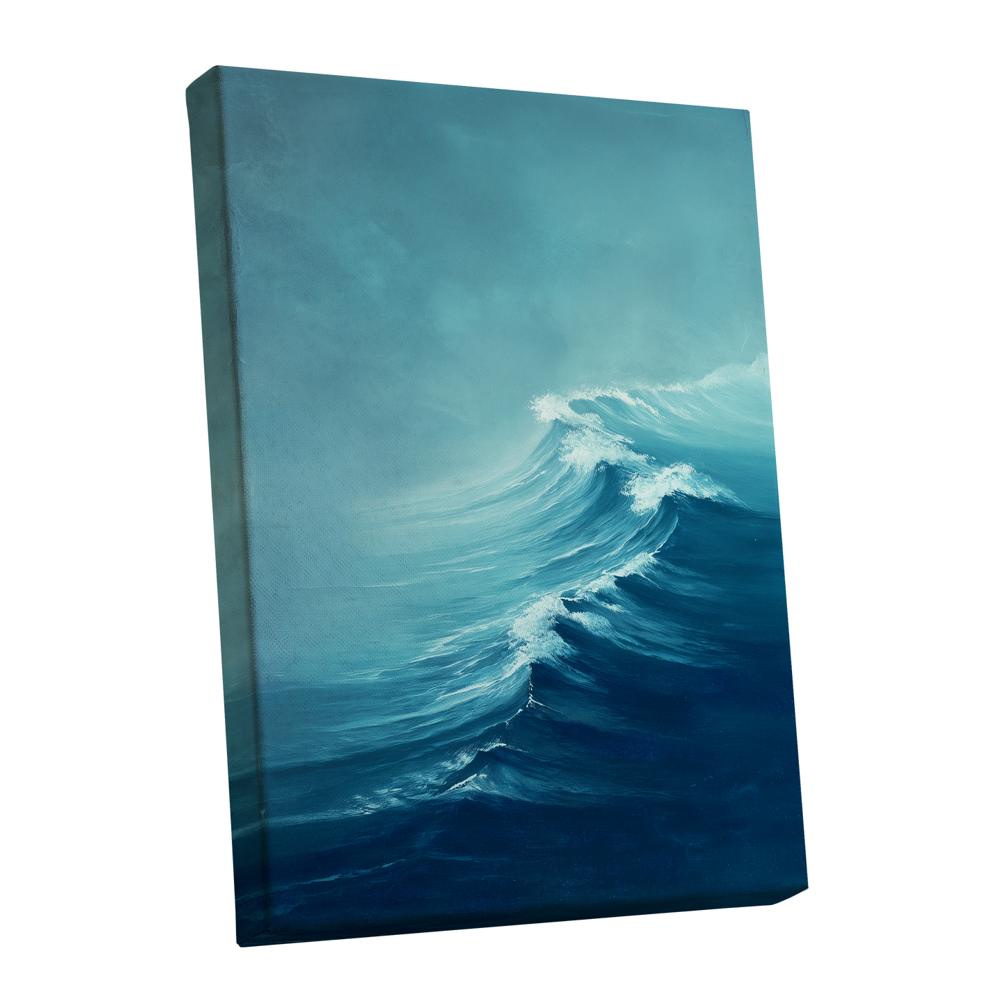 Breakers in Blue Mist, blue, white, gray nature wall art shown as a stretched canvas wall art