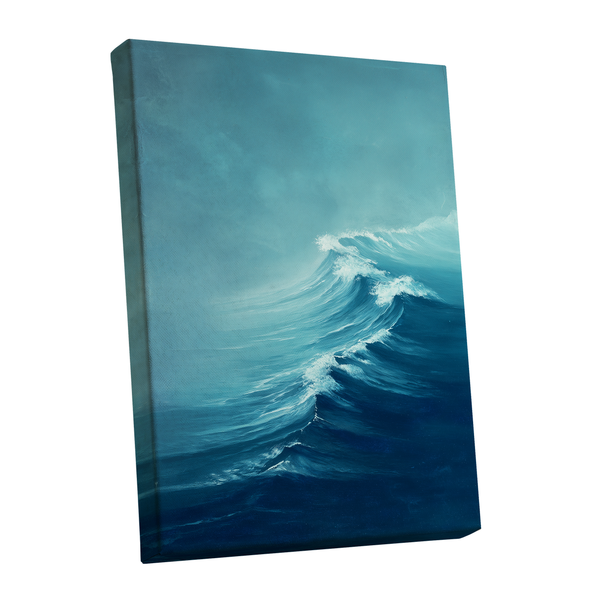 Breakers in Blue Mist, blue, white, gray nature wall art shown as a stretched canvas wall art