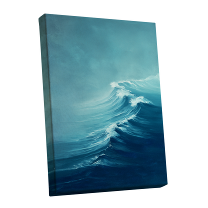 Breakers in Blue Mist, blue, white, gray nature wall art shown as a stretched canvas wall art