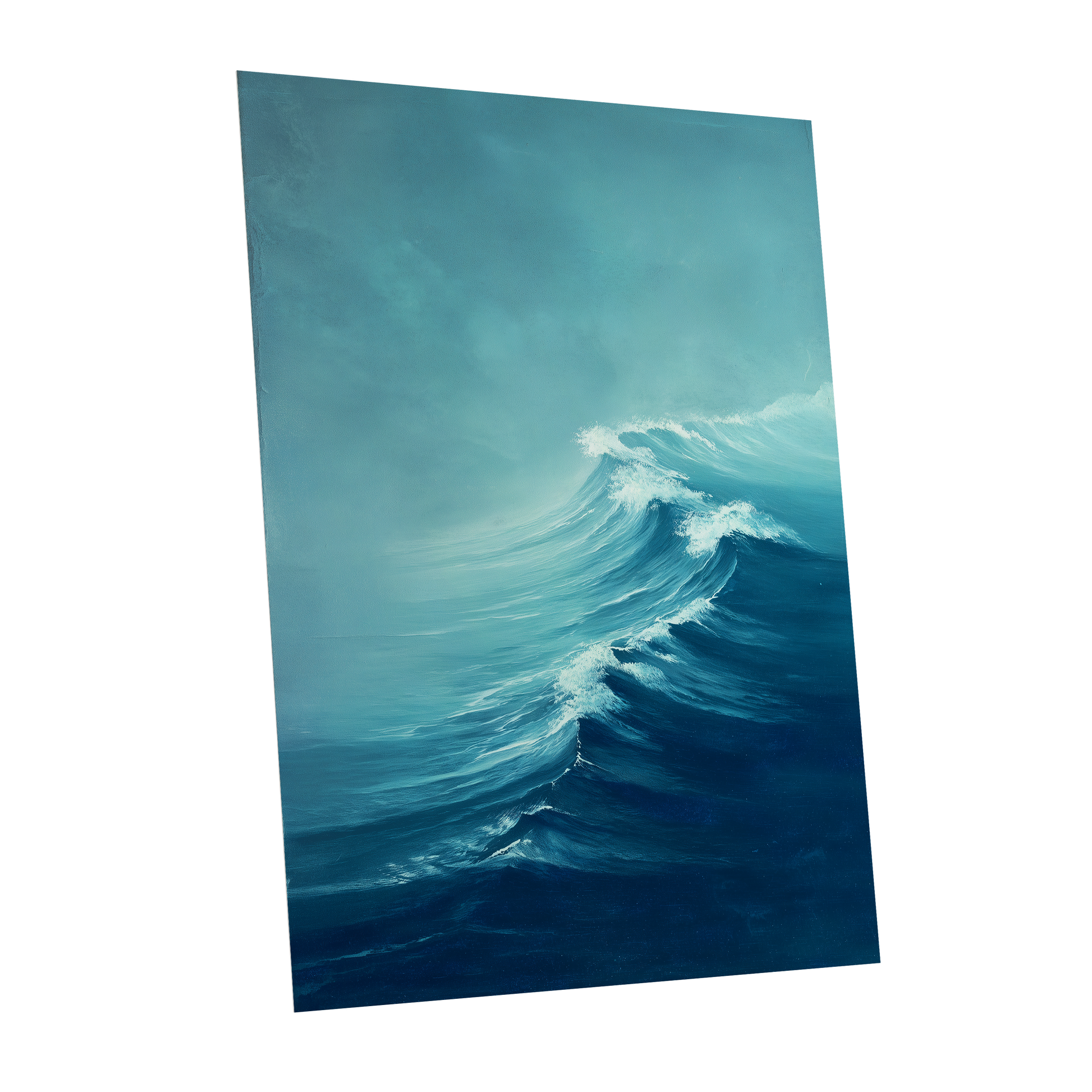 Breakers in Blue Mist, blue, white, gray nature wall art shown as a unframed poster wall art print