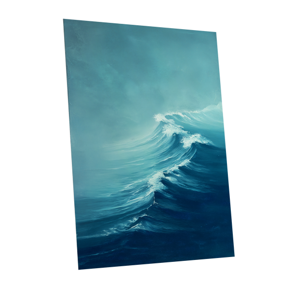 Breakers in Blue Mist, blue, white, gray nature wall art shown as a unframed poster wall art print