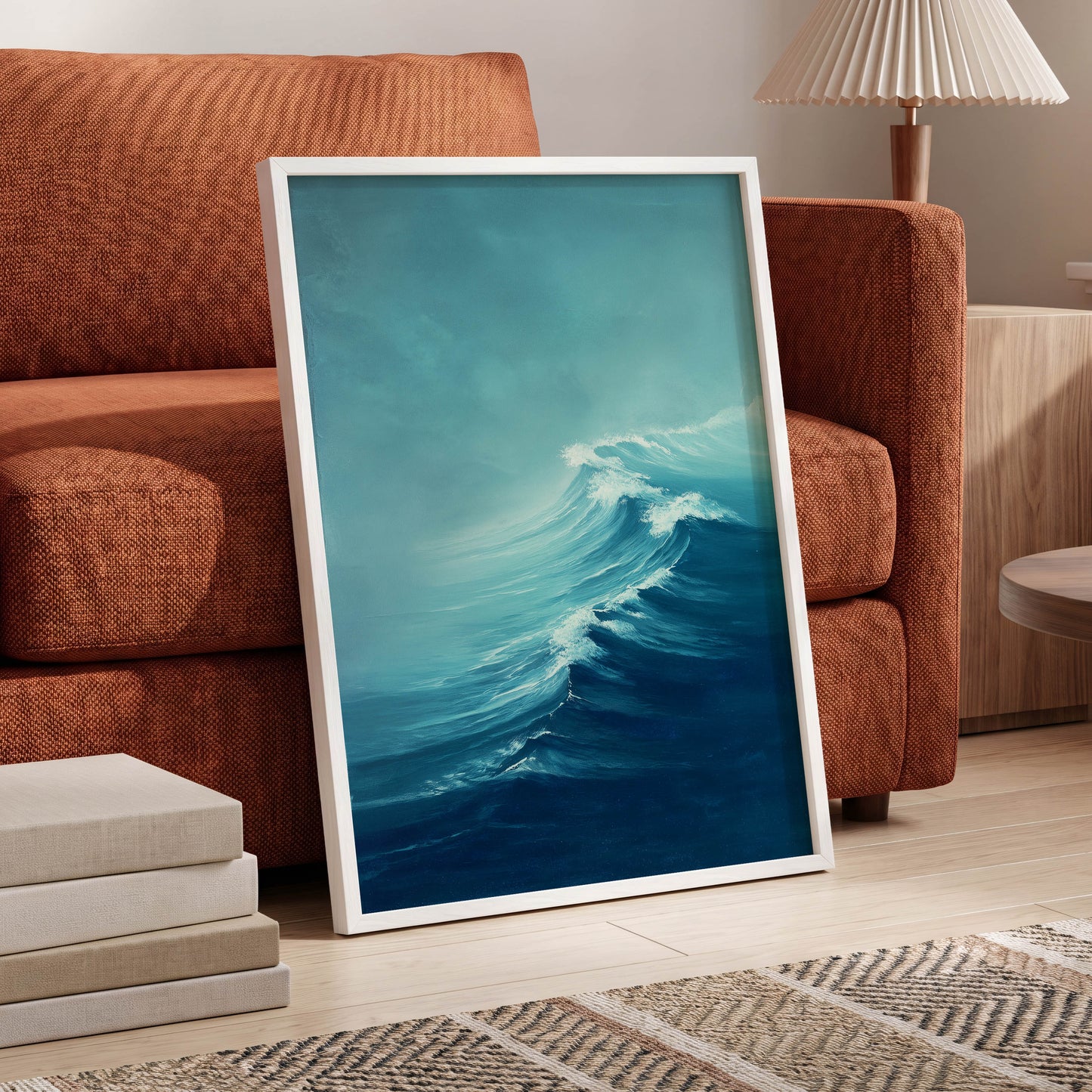 Breakers in Blue Mist, blue, white, gray nature wall art displayed in a styled interior, gallery view 2