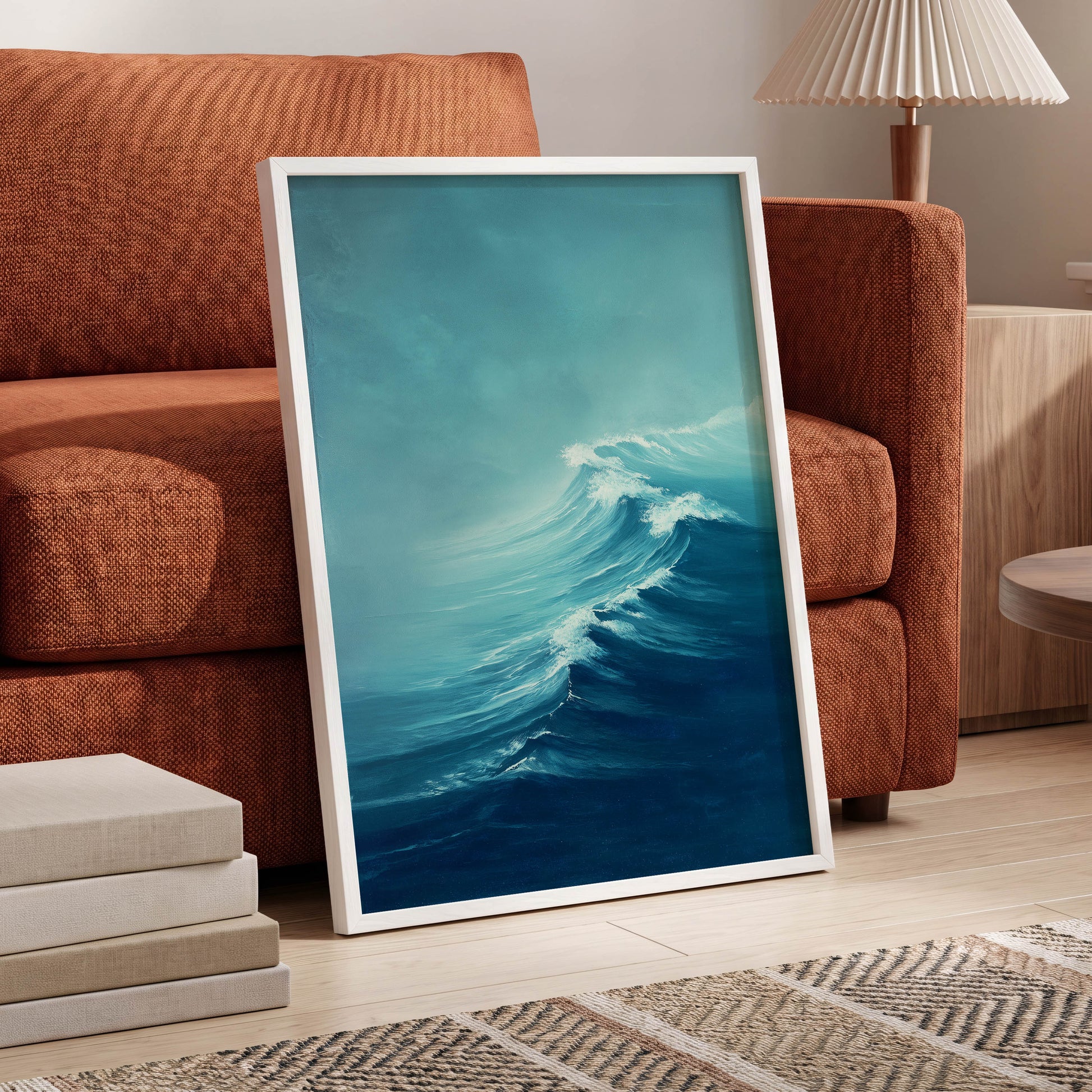 Breakers in Blue Mist, blue, white, gray nature wall art displayed in a styled interior, gallery view 2
