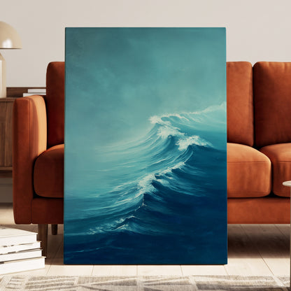 Breakers in Blue Mist, blue, white, gray nature wall art displayed in a styled interior, gallery view 3