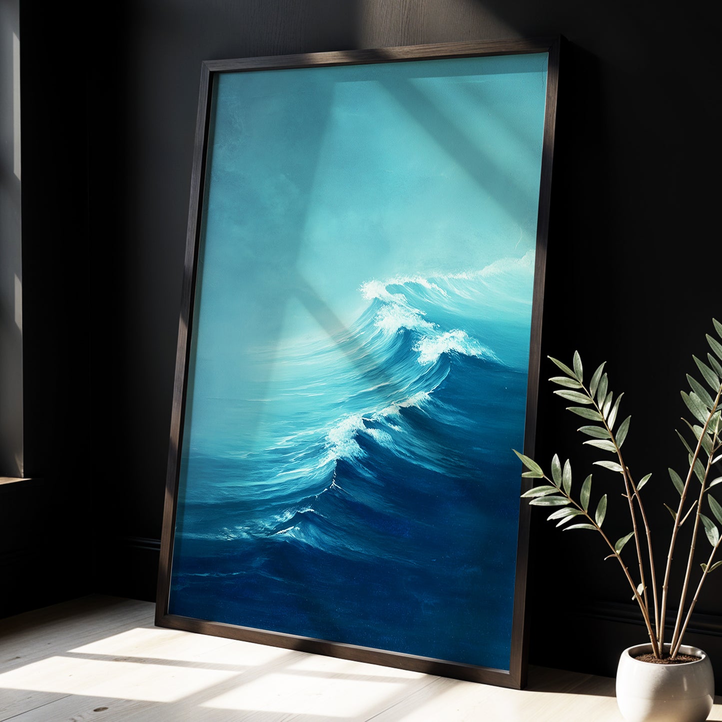 Breakers in Blue Mist, blue, white, gray nature wall art displayed in a styled interior, gallery view 6