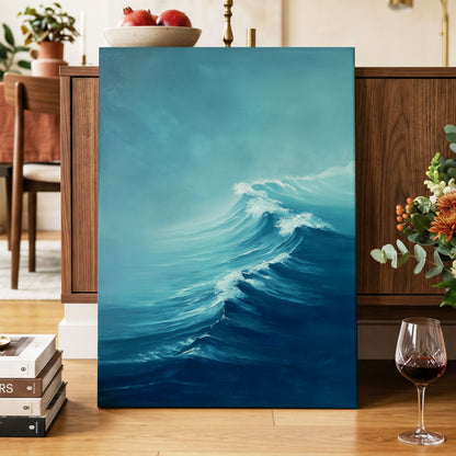 Breakers in Blue Mist, blue, white, gray nature wall art displayed in a styled interior, gallery view 7