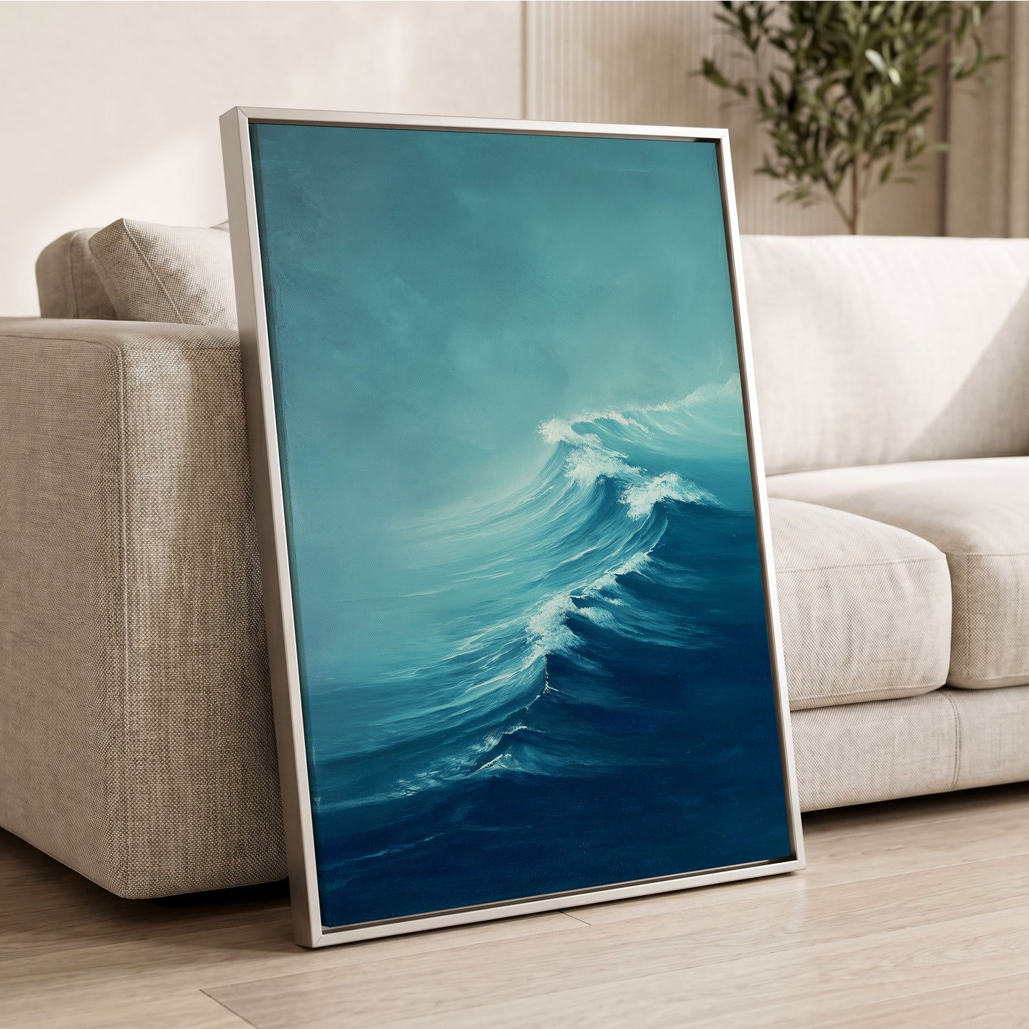 Breakers in Blue Mist, blue, white, gray nature wall art displayed in a styled interior, gallery view 8