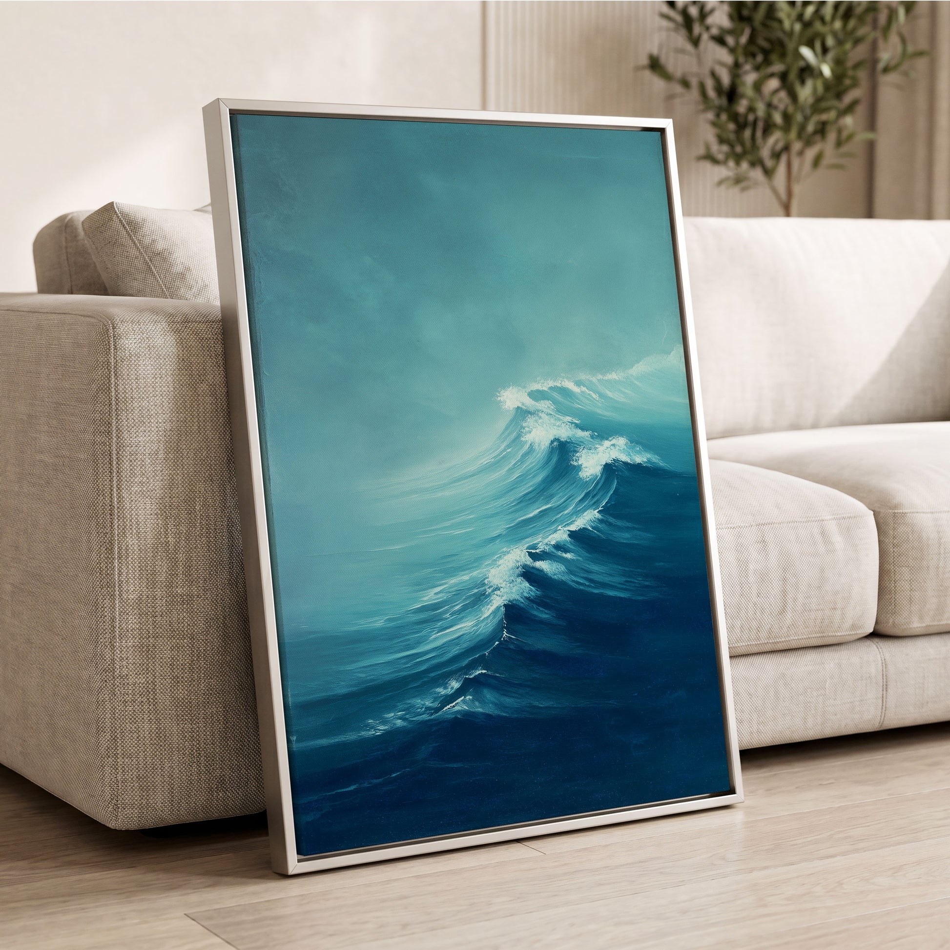 Breakers in Blue Mist, blue, white, gray nature wall art displayed in a styled interior, gallery view 8