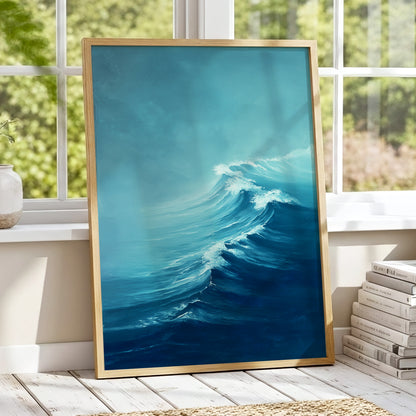 Breakers in Blue Mist, blue, white, gray nature wall art displayed in a styled interior, gallery view 9