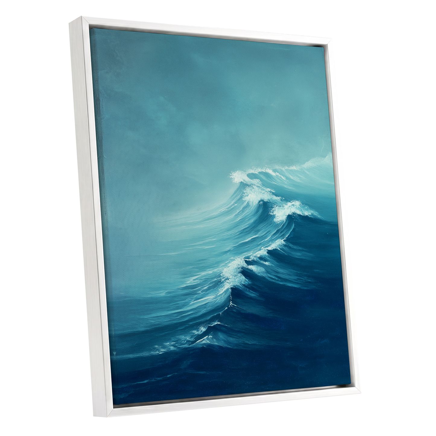 Breakers in Blue Mist, blue, white, gray nature wall art shown as a white framed canvas wall art