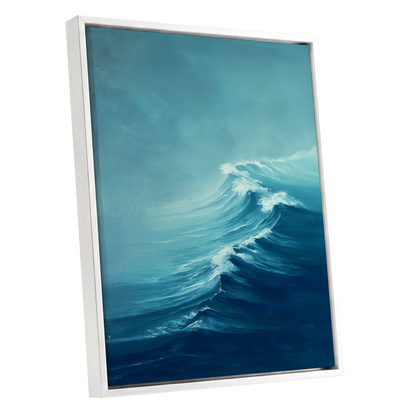 Breakers in Blue Mist, blue, white, gray nature wall art shown as a white framed canvas wall art