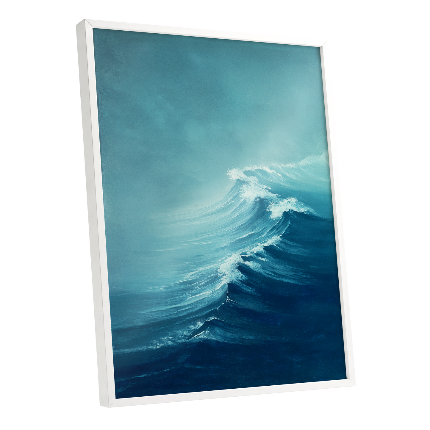Breakers in Blue Mist, blue, white, gray nature wall art shown as a white framed poster wall art print