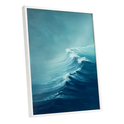 Breakers in Blue Mist, blue, white, gray nature wall art shown as a white framed poster wall art print