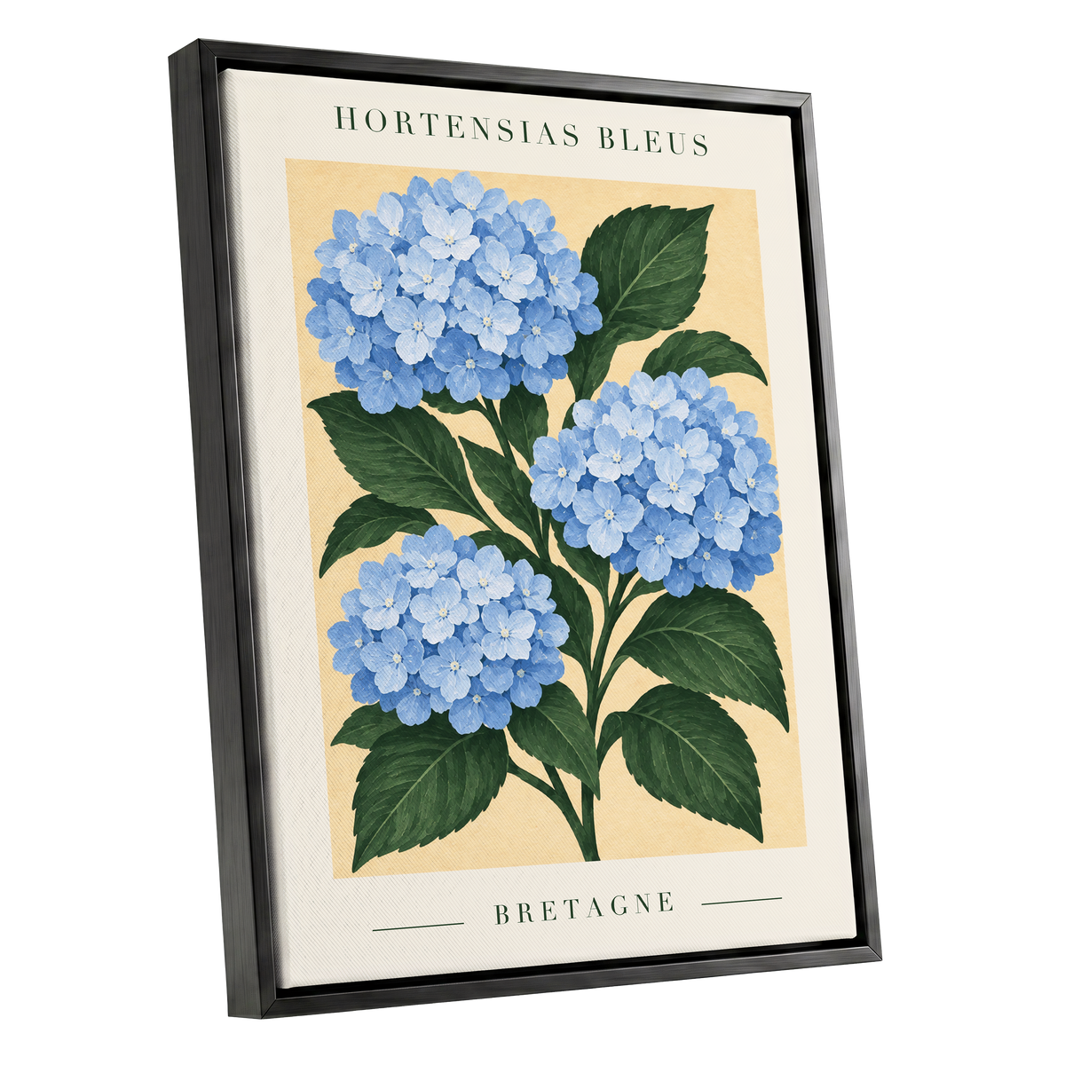 Breton Blue Blooms, blue, green, beige floral wall art shown as a black framed canvas wall art