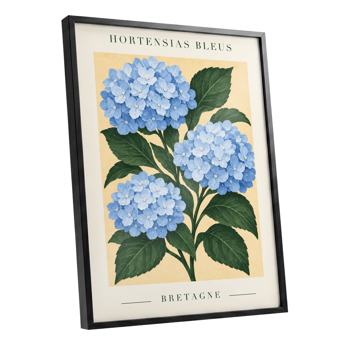 Breton Blue Blooms, blue, green, beige floral wall art shown as a black framed poster wall art print