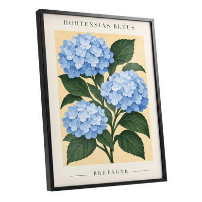 Breton Blue Blooms, blue, green, beige floral wall art shown as a black framed poster wall art print