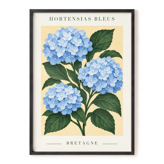 Breton Blue Blooms, blue, green, beige floral wall art, front artwork view