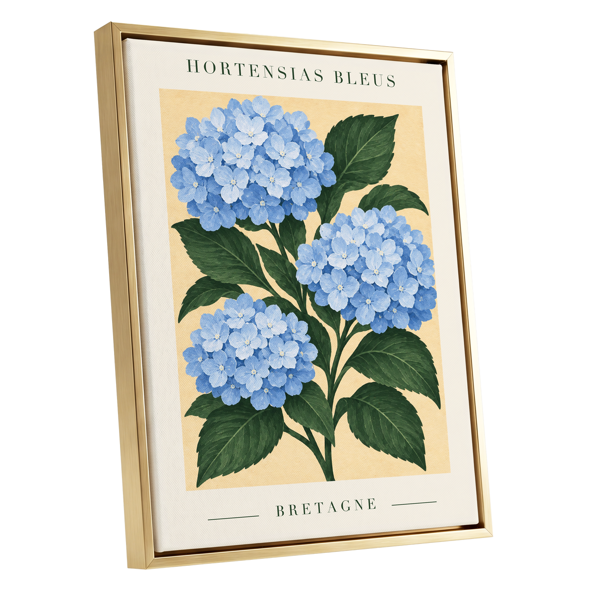 Breton Blue Blooms, blue, green, beige floral wall art shown as a gold framed canvas wall art