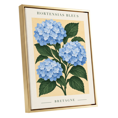 Breton Blue Blooms, blue, green, beige floral wall art shown as a gold framed canvas wall art