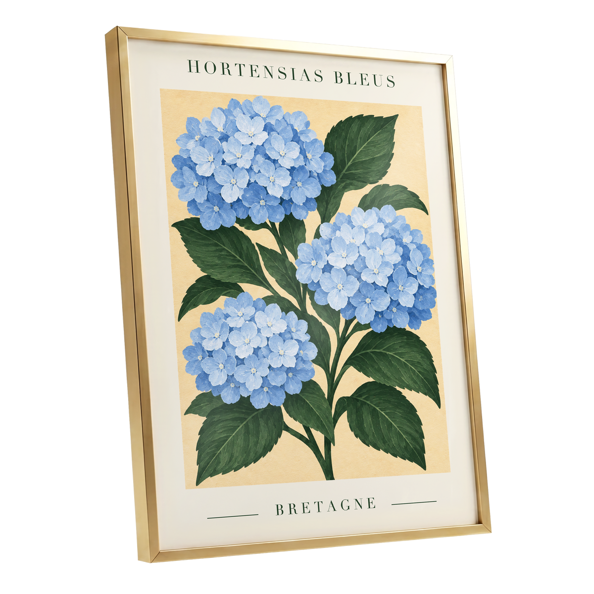 Breton Blue Blooms, blue, green, beige floral wall art shown as a gold framed poster wall art print