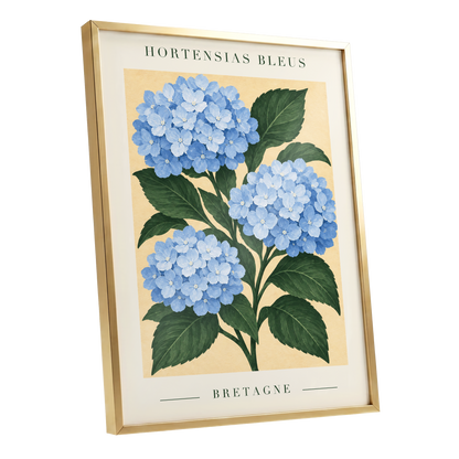 Breton Blue Blooms, blue, green, beige floral wall art shown as a gold framed poster wall art print