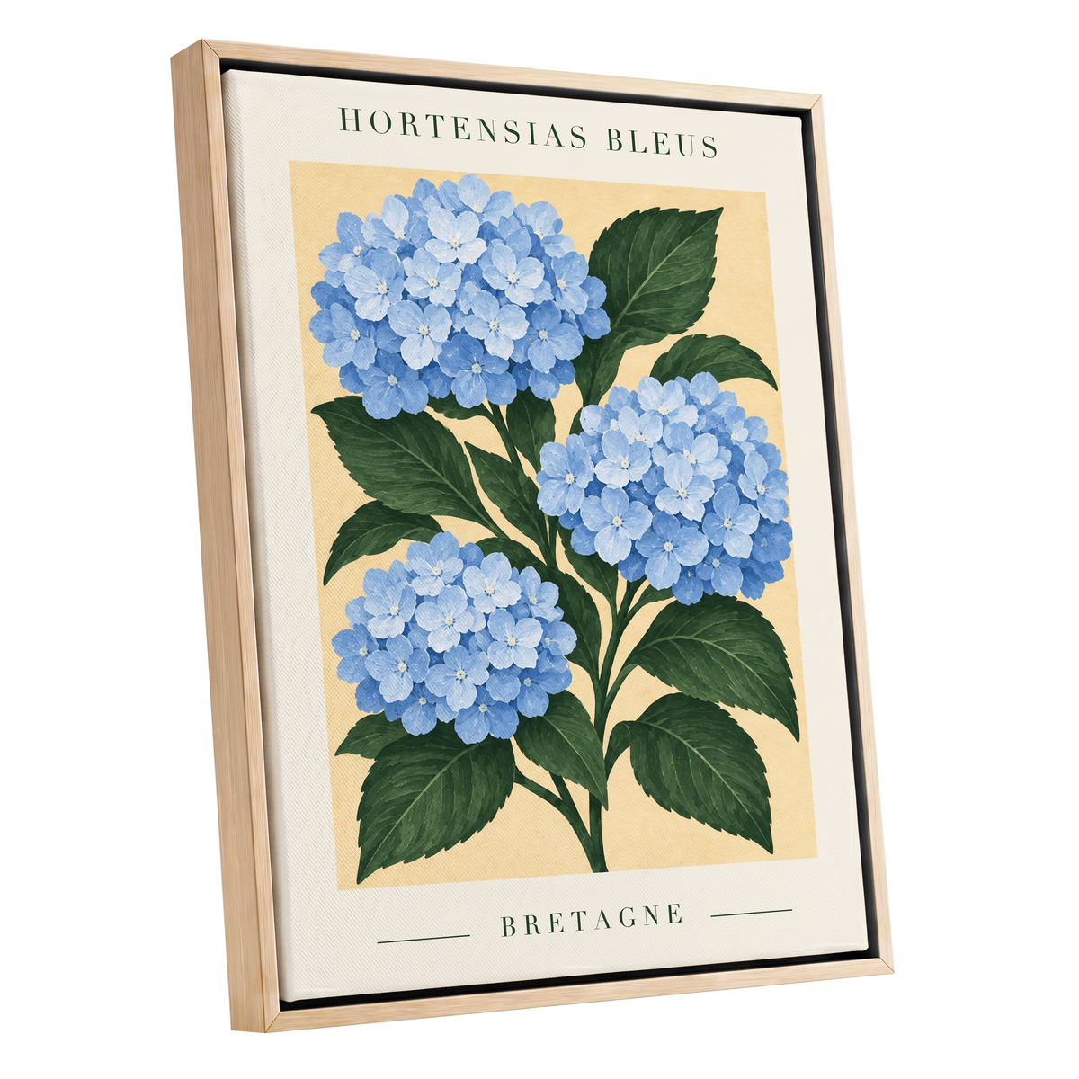 Breton Blue Blooms, blue, green, beige floral wall art shown as a oak framed canvas wall art