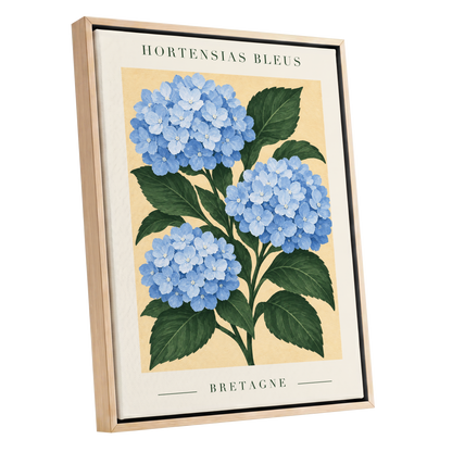 Breton Blue Blooms, blue, green, beige floral wall art shown as a oak framed canvas wall art