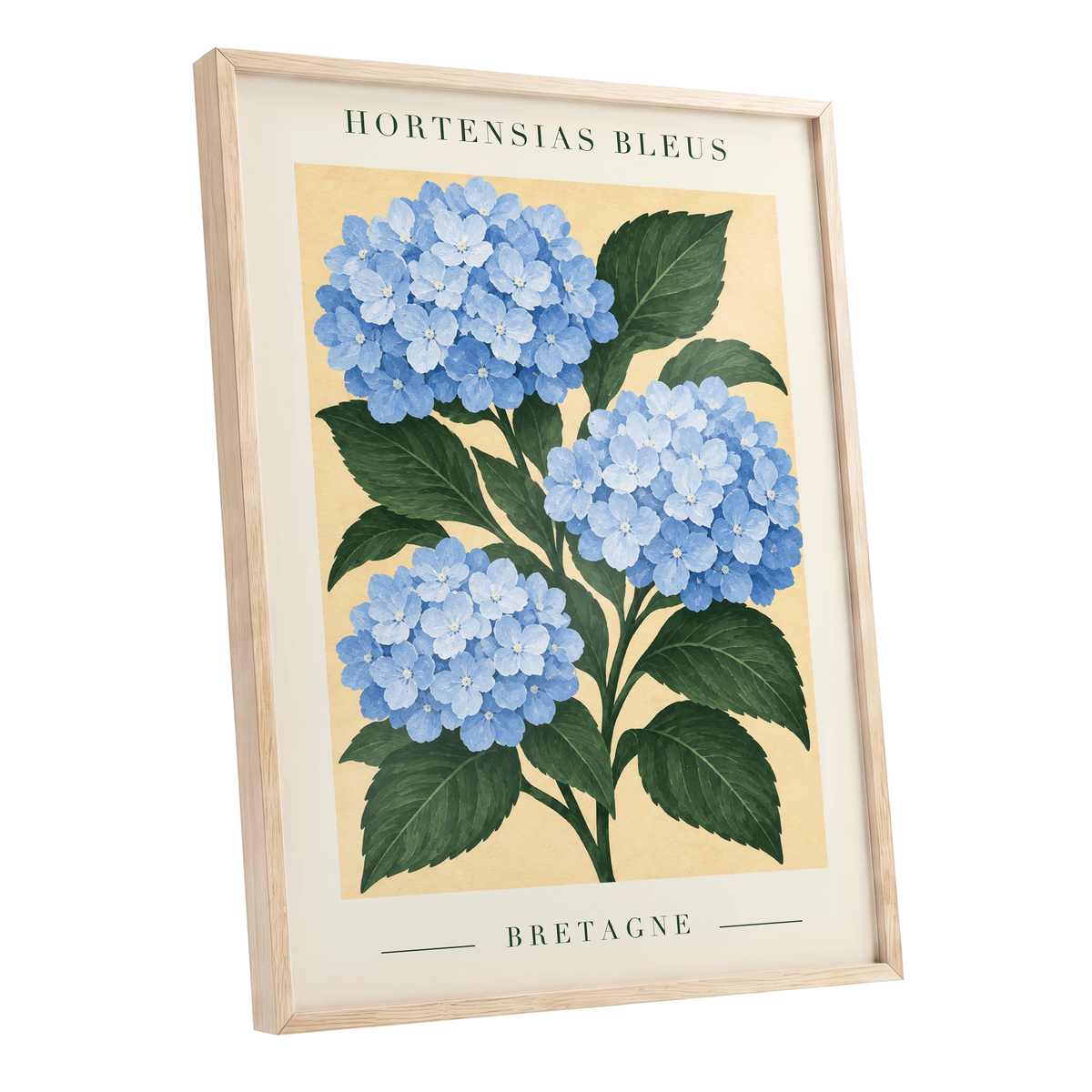 Breton Blue Blooms, blue, green, beige floral wall art shown as a oak framed poster wall art print