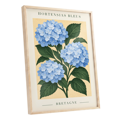 Breton Blue Blooms, blue, green, beige floral wall art shown as a oak framed poster wall art print