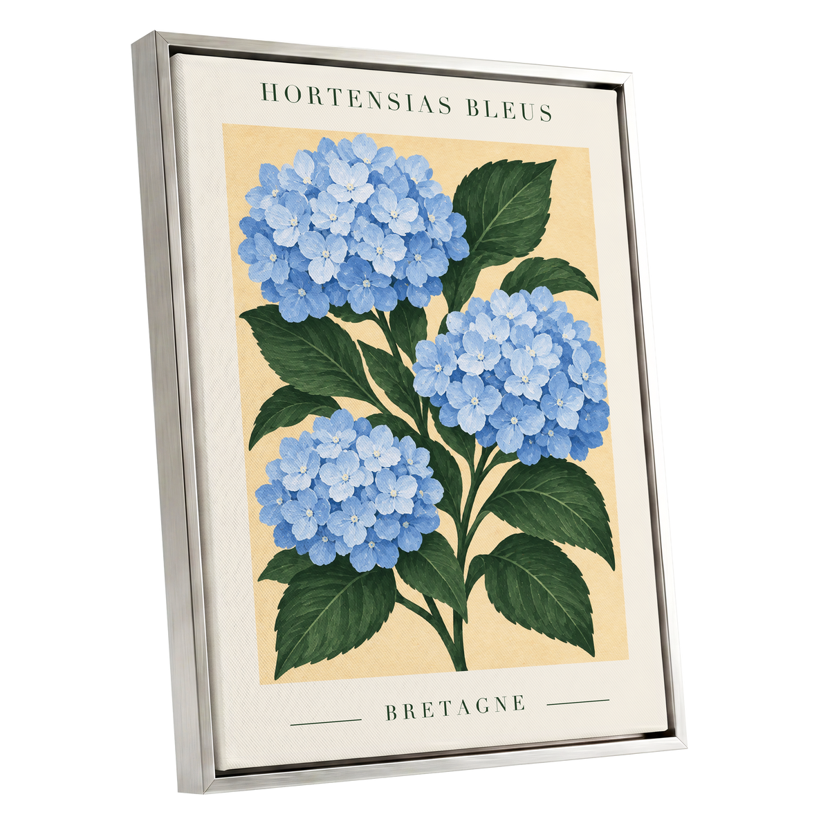 Breton Blue Blooms, blue, green, beige floral wall art shown as a silver framed canvas wall art