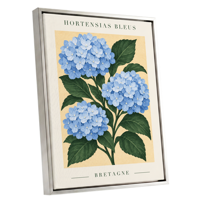 Breton Blue Blooms, blue, green, beige floral wall art shown as a silver framed canvas wall art