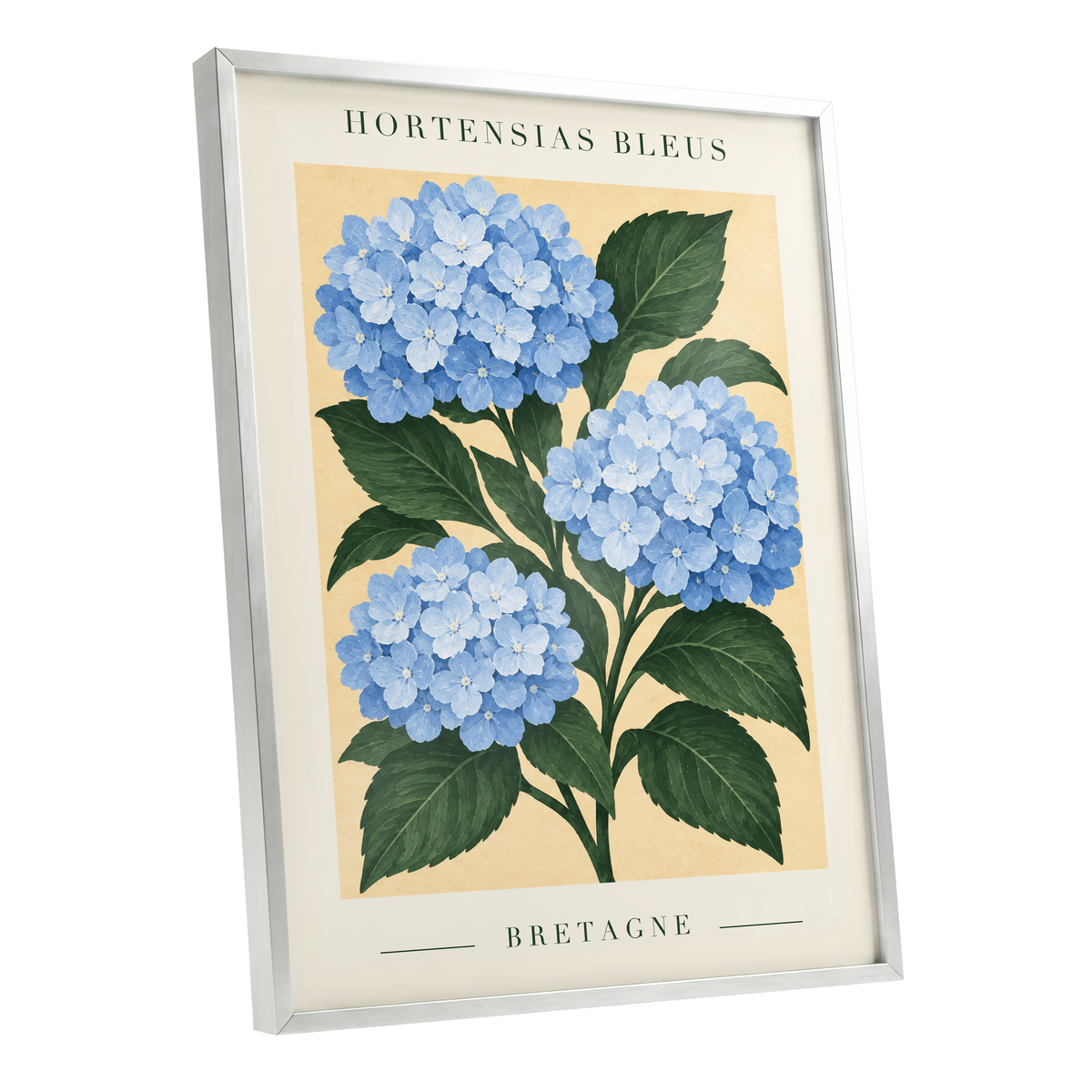 Breton Blue Blooms, blue, green, beige floral wall art shown as a silver framed poster wall art print
