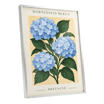 Breton Blue Blooms, blue, green, beige floral wall art shown as a silver framed poster wall art print