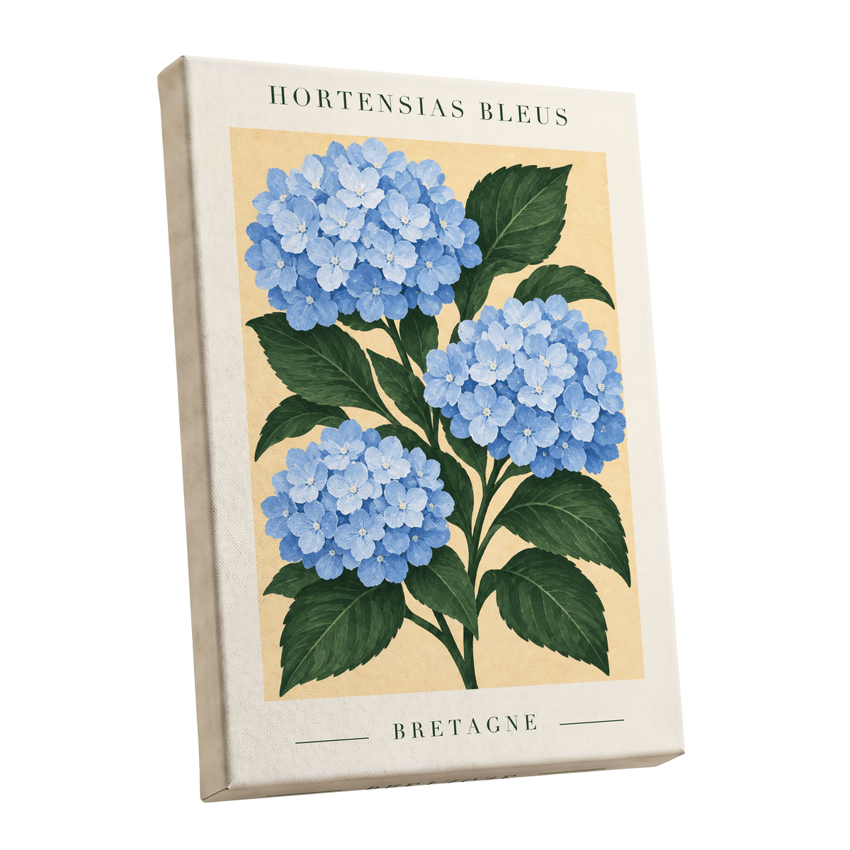 Breton Blue Blooms, blue, green, beige floral wall art shown as a stretched canvas wall art