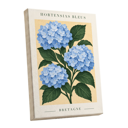 Breton Blue Blooms, blue, green, beige floral wall art shown as a stretched canvas wall art
