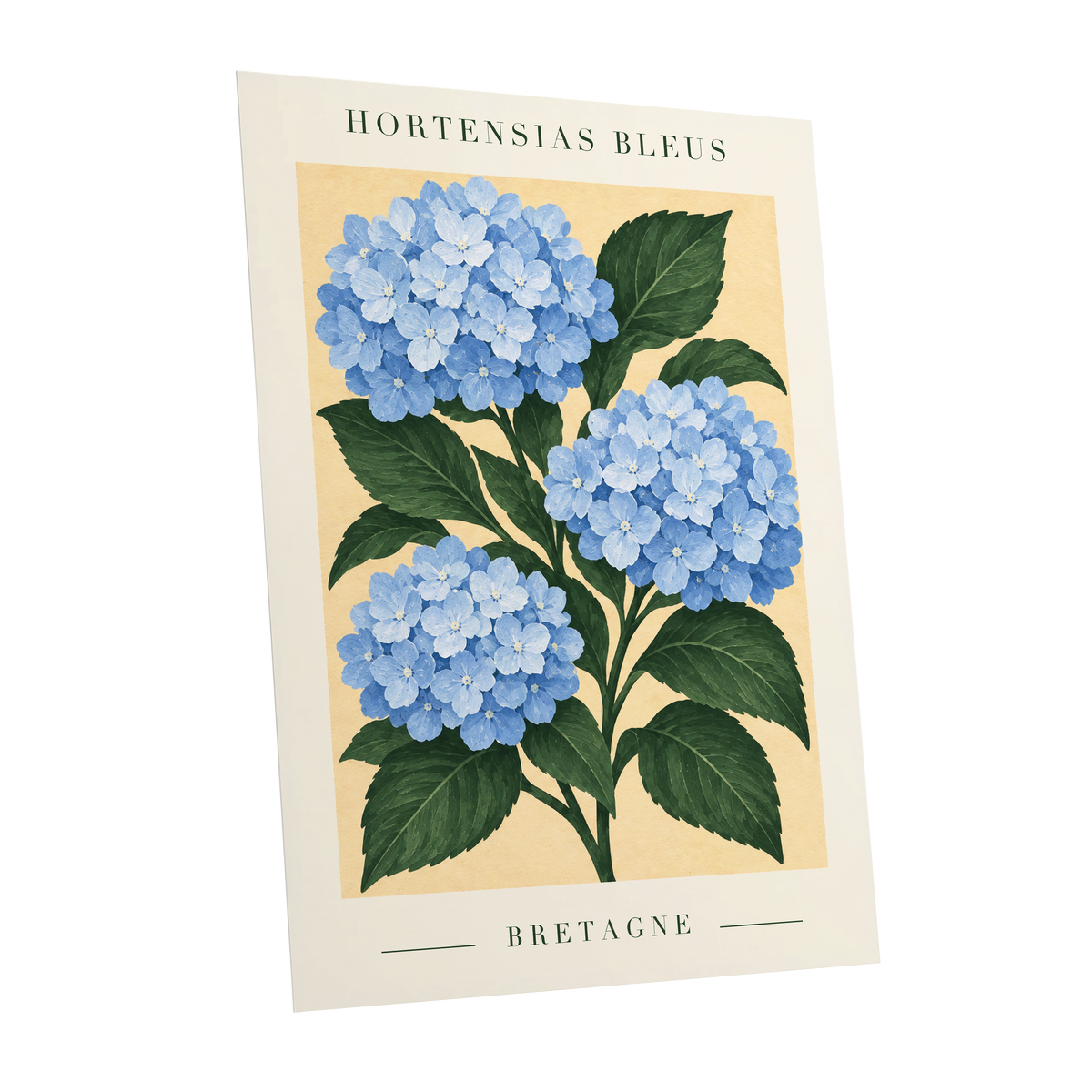 Breton Blue Blooms, blue, green, beige floral wall art shown as a unframed poster wall art print