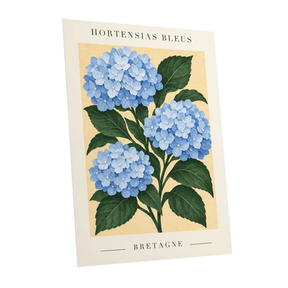 Breton Blue Blooms, blue, green, beige floral wall art shown as a unframed poster wall art print