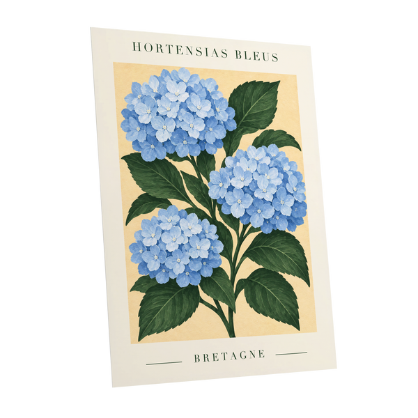 Breton Blue Blooms, blue, green, beige floral wall art shown as a unframed poster wall art print