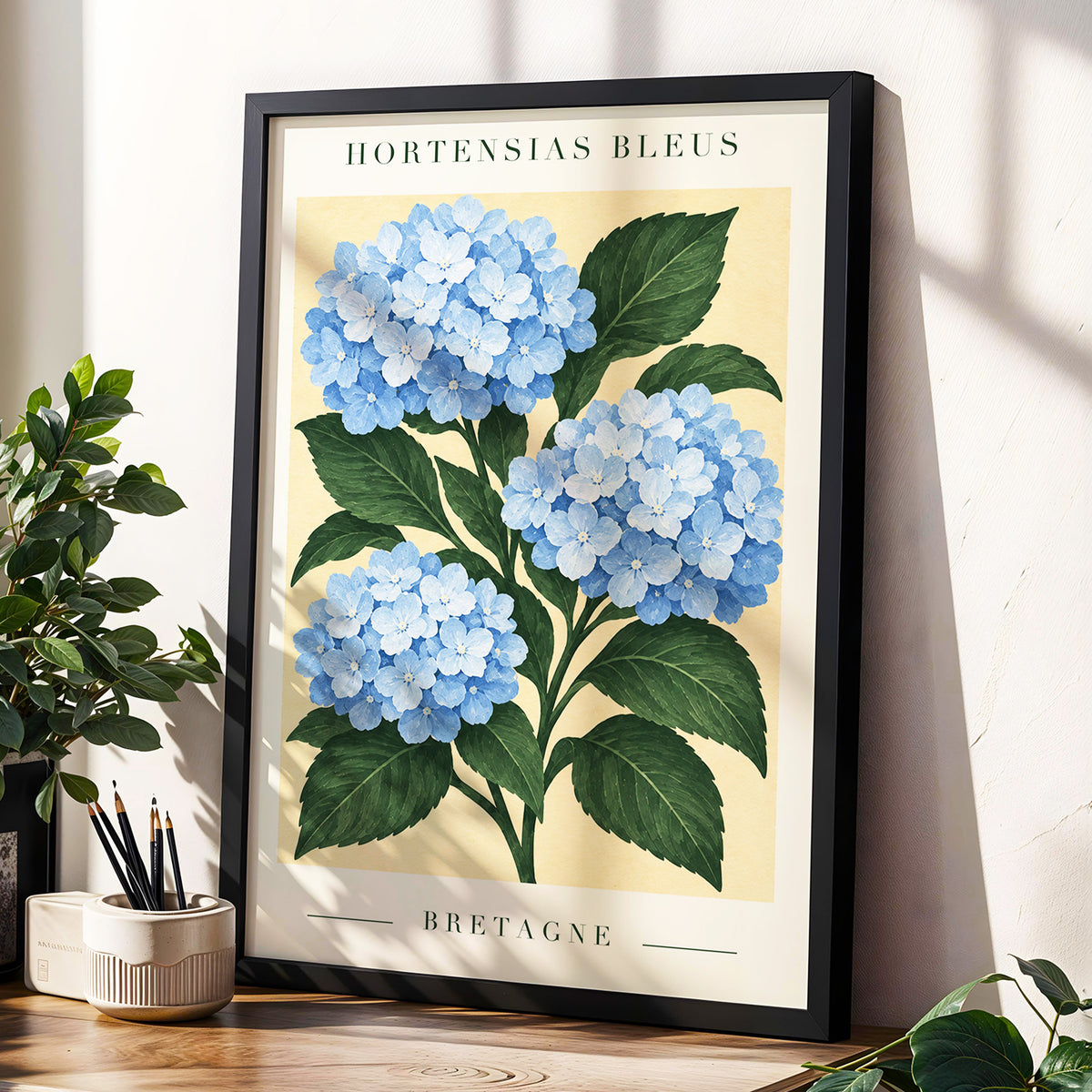 Breton Blue Blooms, blue, green, beige floral wall art displayed in a styled interior, gallery view 2