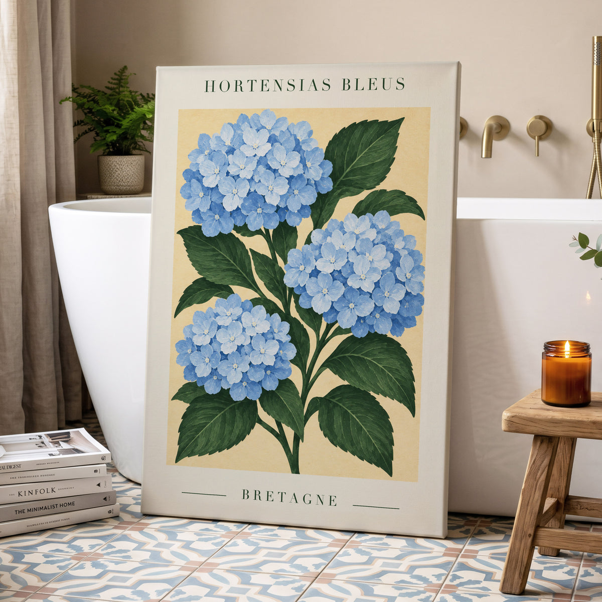 Breton Blue Blooms, blue, green, beige floral wall art displayed in a styled interior, gallery view 3