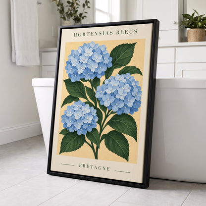 Breton Blue Blooms, blue, green, beige floral wall art displayed in a styled interior, gallery view 4