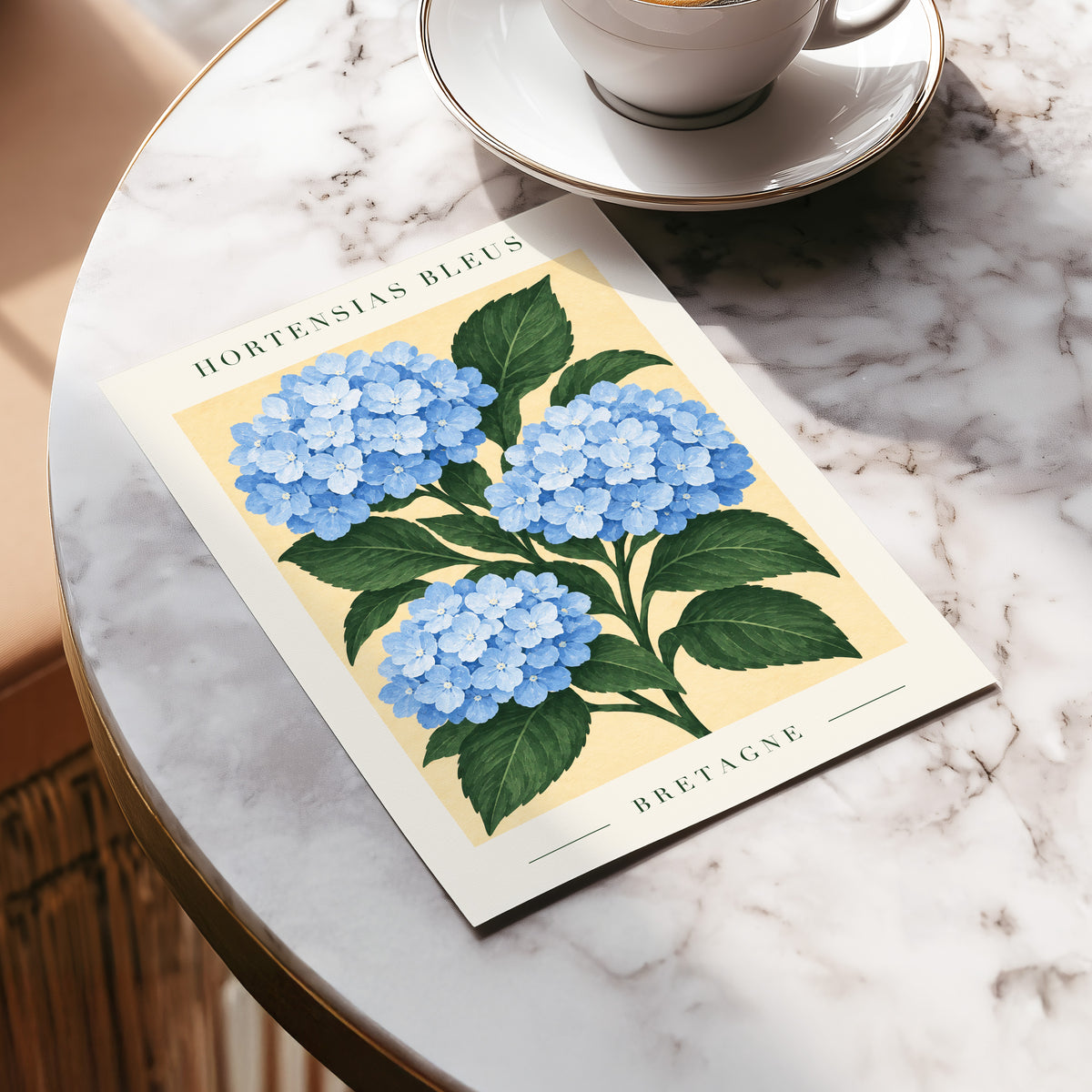 Breton Blue Blooms, blue, green, beige floral wall art displayed in a styled interior, gallery view 5