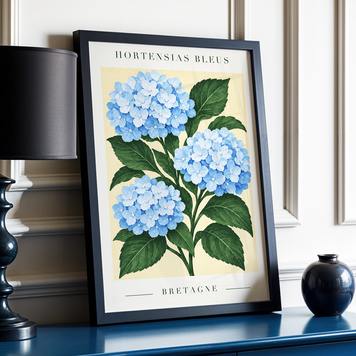 Breton Blue Blooms, blue, green, beige floral wall art displayed in a styled interior, gallery view 6